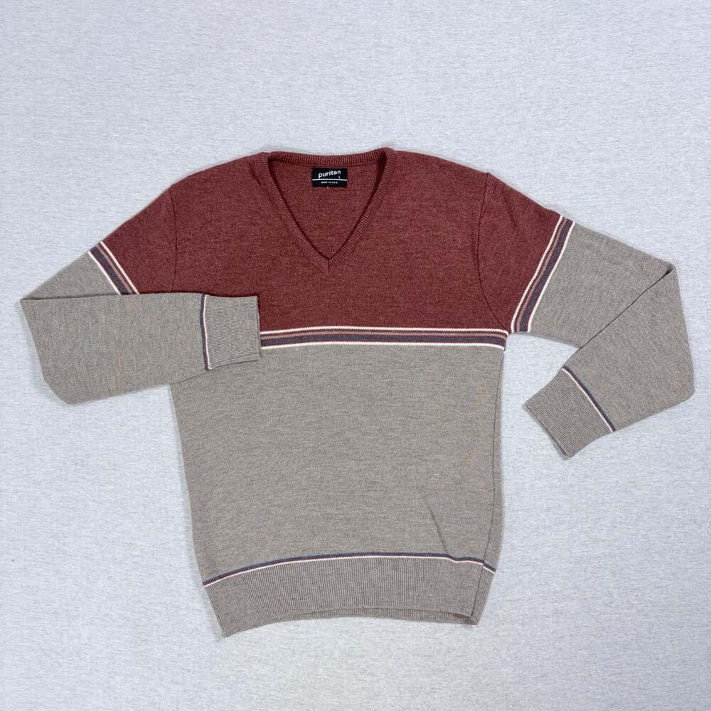 Vintage Puritan Mens V-Neck Sweater Red Gray Striped Orlon Acrylic Made in USA